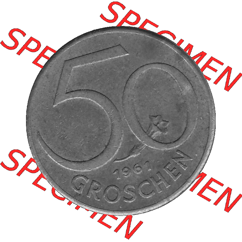 Alte Münze 50 / Fünfzig Groschen Österreich in s/w Schwarzweiß bzw. Graustufen Farbgebung von Scanner transparenten PNG 1959-2001, 50 Groschen 1961-01, Bindenschild... Sammlung
