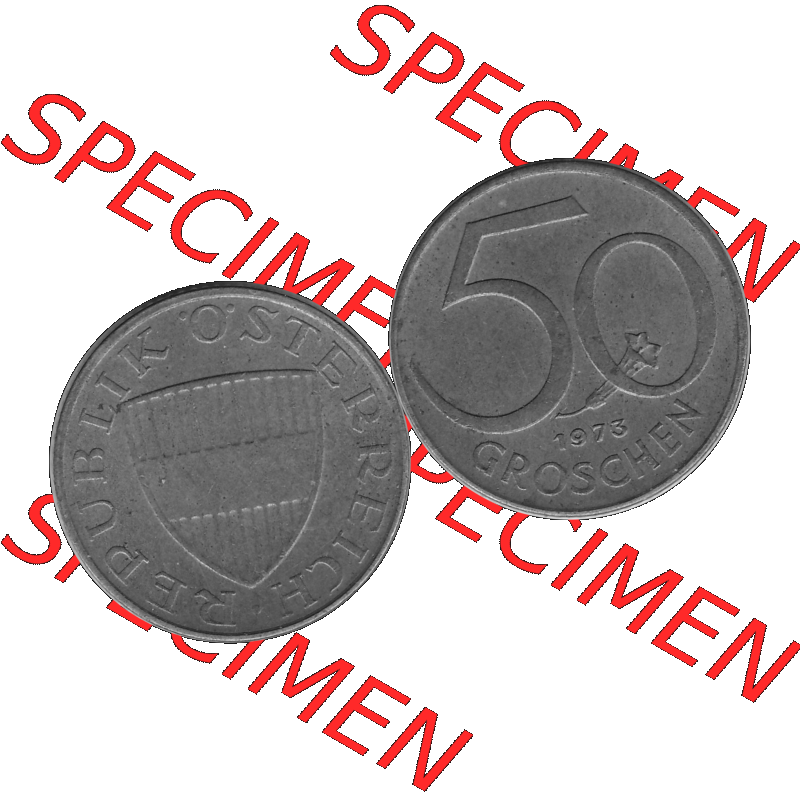 Alte Münze 50 / Fünfzig Groschen Österreich in s/w Schwarzweiß bzw. Graustufen Farbgebung von Scanner transparenten PNG 1959-2001, 50 Groschen 1973-01, Bindenschild... Sammlung