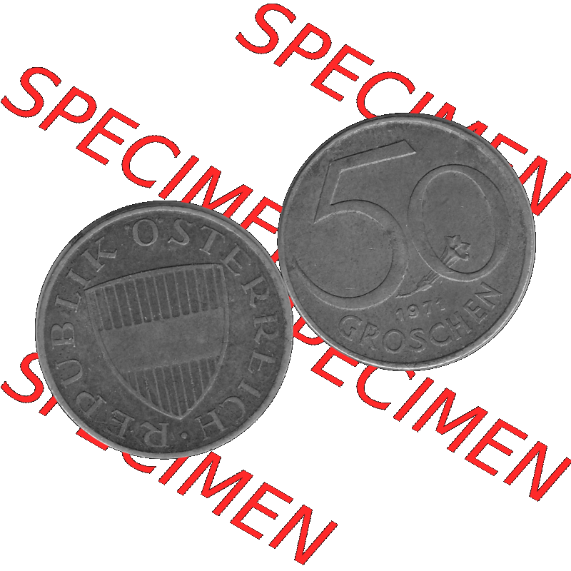 Alte Münze 50 / Fünfzig Groschen Österreich in s/w Schwarzweiß bzw. Graustufen Farbgebung von Scanner transparenten PNG 1959-2001, 50 Groschen 1971-01, Bindenschild... Sammlung