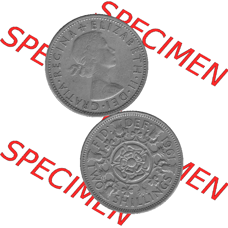 Alte Münze Großbritannien, Bild in s/w bzw. Graustufen PNG-Grafik, Umlaufmünze aus dem Zeitraum 1954-1970, 2 Schilling-Florin, Two Shillings, 1961-01... Sammlung