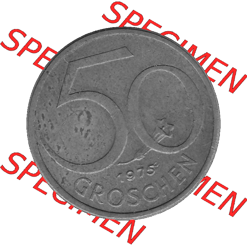 Alte Münze 50 / Fünfzig Groschen Österreich in s/w Schwarzweiß bzw. Graustufen Farbgebung von Scanner transparenten PNG 1959-2001, 50 Groschen 1975-01, Bindenschild... Sammlung