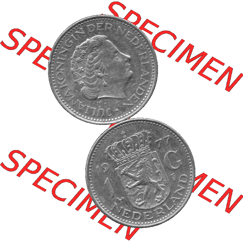 Alte Münze Niederlande in Grau 1967-1980, 1 Gulden Königin Juliana 1977-01. Graustufen. Vorderseite und Rückseite vertikal auf einen digitalen Bild in grau / Graustufen... Sammlung
