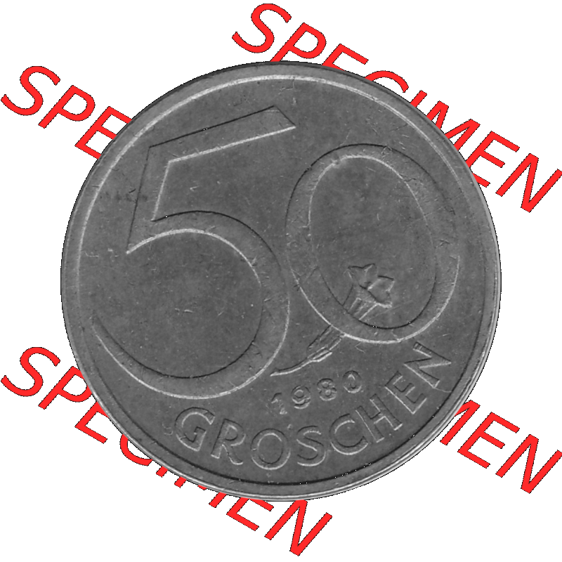 Alte Münze 50 / Fünfzig Groschen Österreich in s/w Schwarzweiß bzw. Graustufen Farbgebung von Scanner transparenten PNG 1959-2001, 50 Groschen 1980-01, VS.... Sammlung
