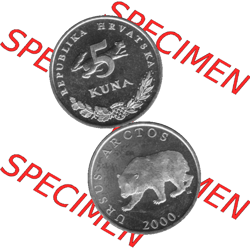 Alte Münze Kroatien Umlaufmünze 1994-2022, 5 Kuna 2000-01 Graustufen Graustufen. Vorderseite und Rückseite in Graustufen der kroatischen vor-Euro-Münze, vertikal... Sammlung