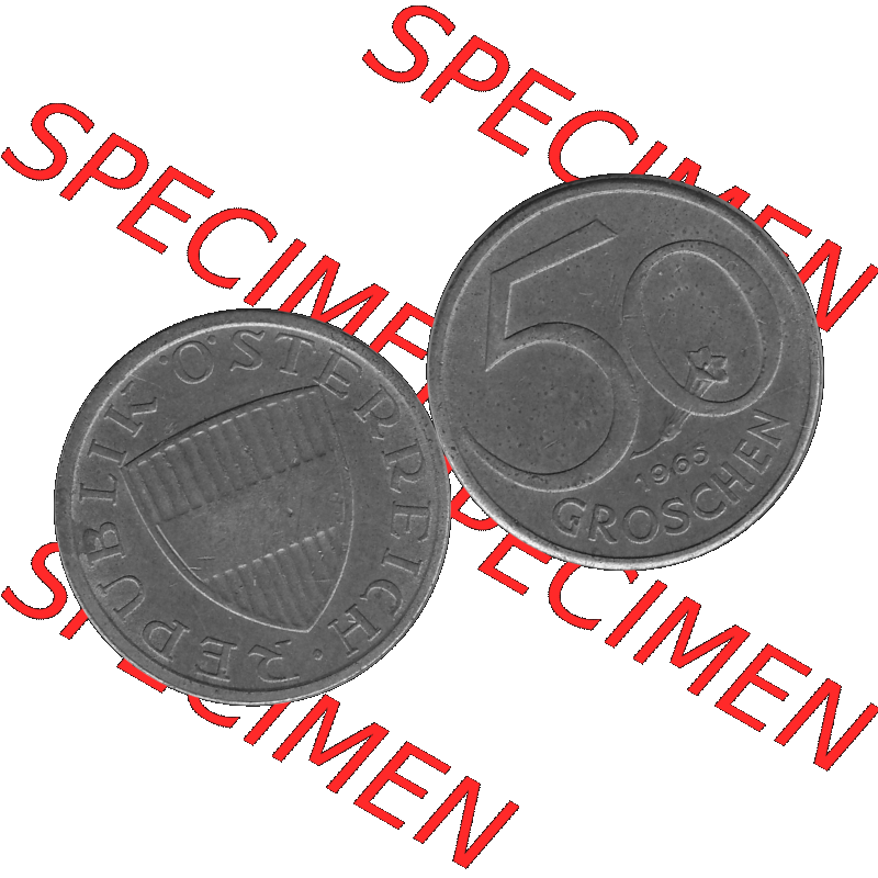 Alte Münze 50 / Fünfzig Groschen Österreich in s/w Schwarzweiß bzw. Graustufen Farbgebung von Scanner transparenten PNG 1959-2001, 50 Groschen 1965-01, Bindenschild... Sammlung