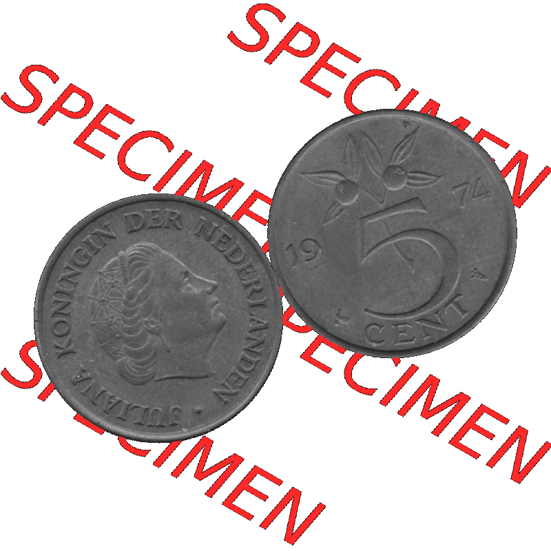 Alte Münze Niederlande in Grau 1950-1980, 5 Cent Königin Juliana 1974-01 Graustufen. Vorderseite und Rückseite horizontal auf einen digitalen grauen / Graustufen Bild der... Sammlung