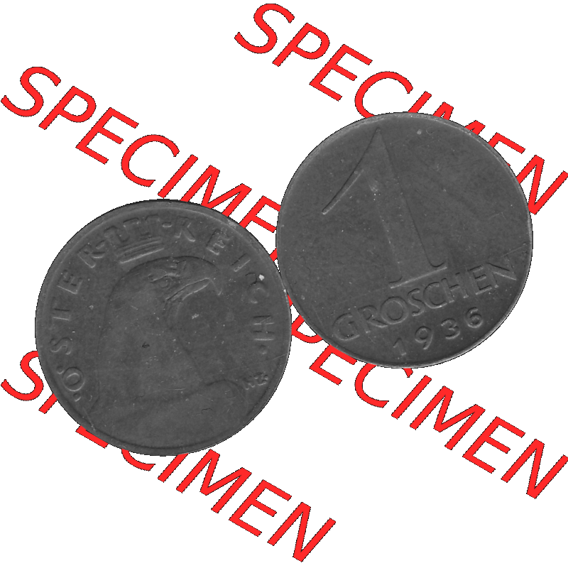 Alte Münze 1 / Ein Groschen Österreich in s/w Schwarzweiß bzw. Graustufen Farbgebung von Scanner transparenten PNG 1925-1938, 1-Ein Groschen, Adlerkopf mit Mauerkrone... Sammlung