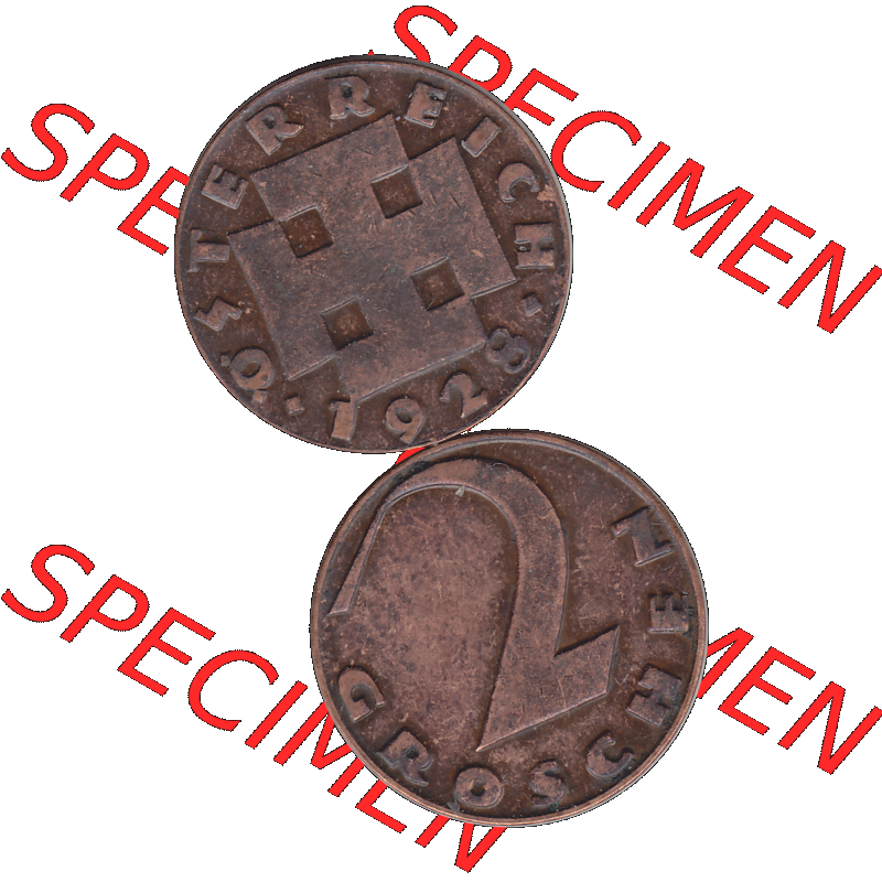 Alte Münze 2 / Zwei Groschen Österreich in original Farbgebung von Scanner transparenten PNG 1925-1938, 2 Zwei Groschen, Krückenkreuz 1928-01. Vorderseite und Rückseite... Sammlung