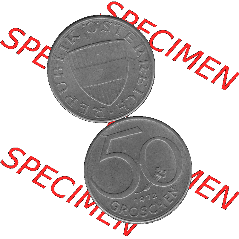 Alte Münze 50 / Fünfzig Groschen Österreich in s/w Schwarzweiß bzw. Graustufen Farbgebung von Scanner transparenten PNG 1959-2001, 50 Groschen 1972-01, Bindenschild... Sammlung