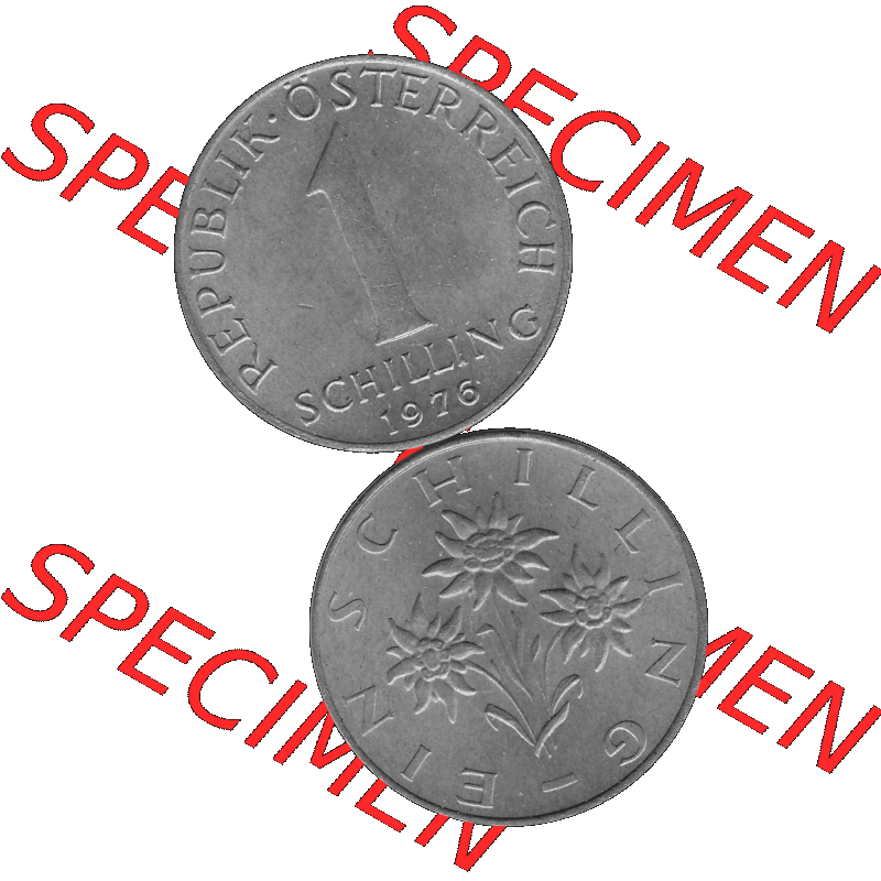 Alte Münzen Österreich 1 / Ein Schilling in Graustufen 1959-2001, 1 Schilling 1976-01, Ein Shilling Edelweiß Graustufen. Vorderseite und Rückseite in Graustufen... Sammlung