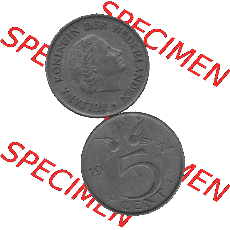 Alte Münze Niederlande in Grau 1950-1980, 5 Cent Königin Juliana 1974-01 Graustufen. Vorderseite und Rückseite vertikal auf einen digitalen in grau / Graustufen umgewandeltes... Sammlung