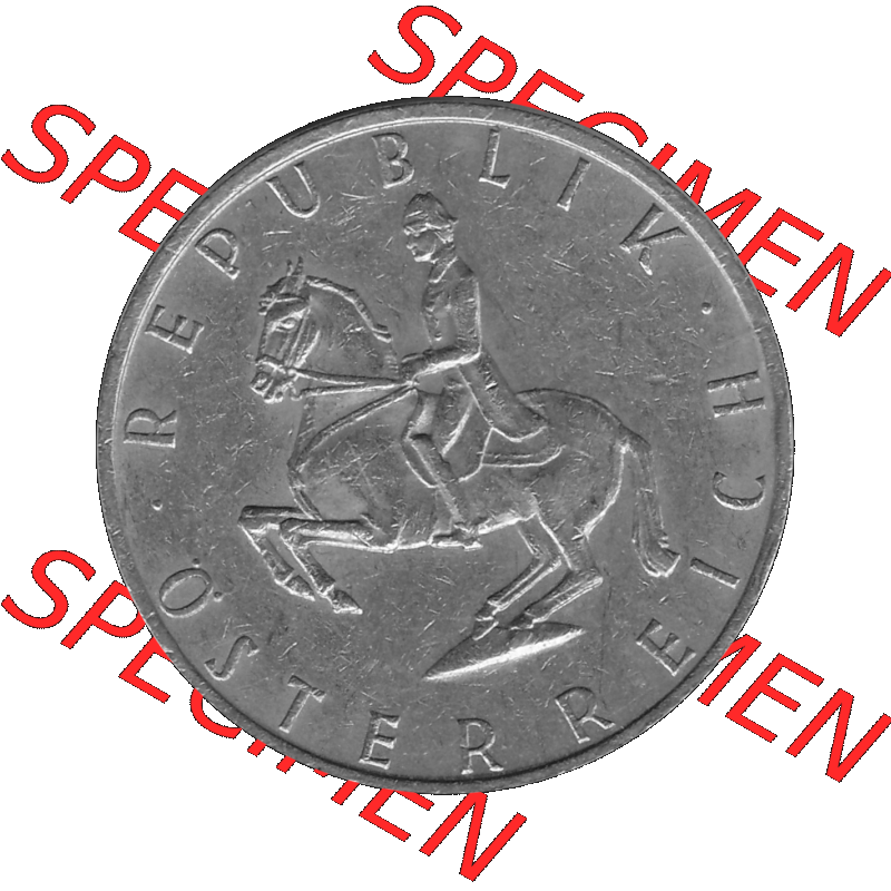 Alte Münze 5 / Fünf Schilling Österreich in s/w Schwarzweiß bzw. Graustufen Farbgebung von Scanner transparenten PNG 1968-2001, 5 Schilling 1970-01, Reiter... Sammlung