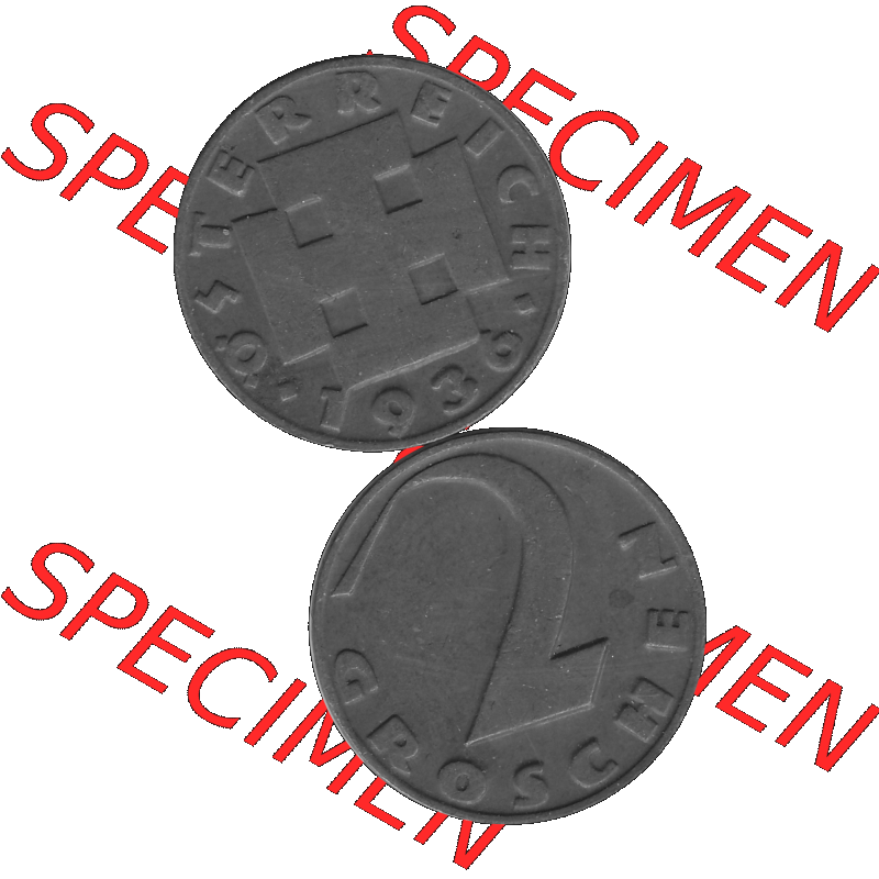 Alte Münze 2 / Zwei Groschen Österreich in s/w Schwarzweiß bzw. Graustufen Farbgebung von Scanner transparenten PNG 1925-1938, 2 Zwei Groschen, Krückenkreuz... Sammlung