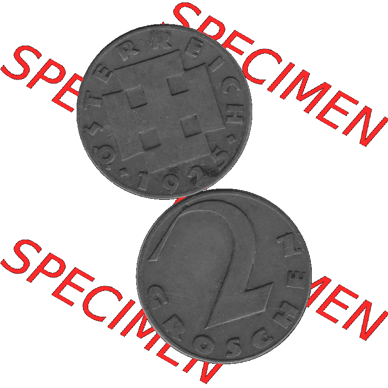 Alte Münze 2 / Zwei Groschen Österreich in s/w Schwarzweiß bzw. Graustufen Farbgebung von Scanner transparenten PNG 1925-1938, 2 Zwei Groschen, Krückenkreuz... Sammlung