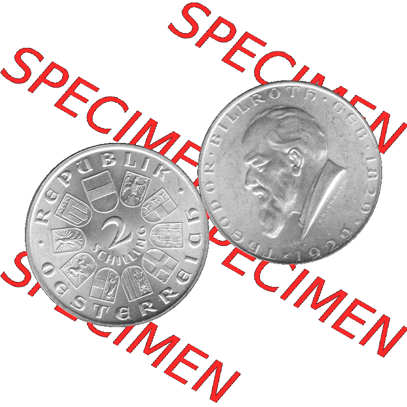 Alte Münze Österreich 1929-1929, 2 Schilling 1929-01, Silbermünze Theodor Billroth Graustufen. Vorderseite und Rückseite der Österreich Erste Republik 2 /... Sammlung