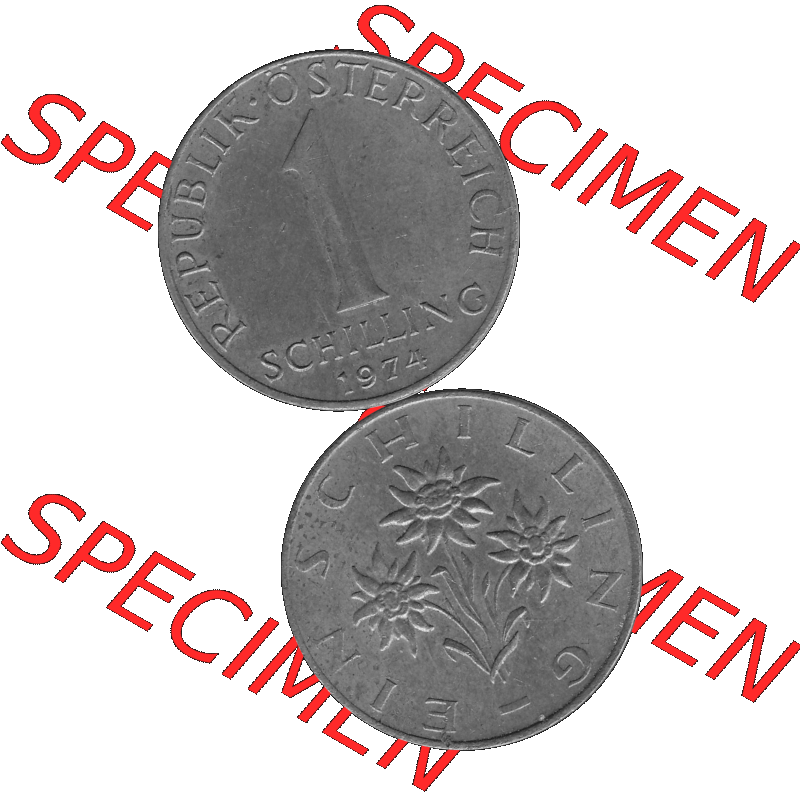 Alte Münzen Österreich 1 / Ein Schilling in Graustufen 1959-2001, 1 Schilling 1974-01, Ein Shilling Edelweiß Graustufen. Vorderseite und Rückseite in Graustufen... Sammlung