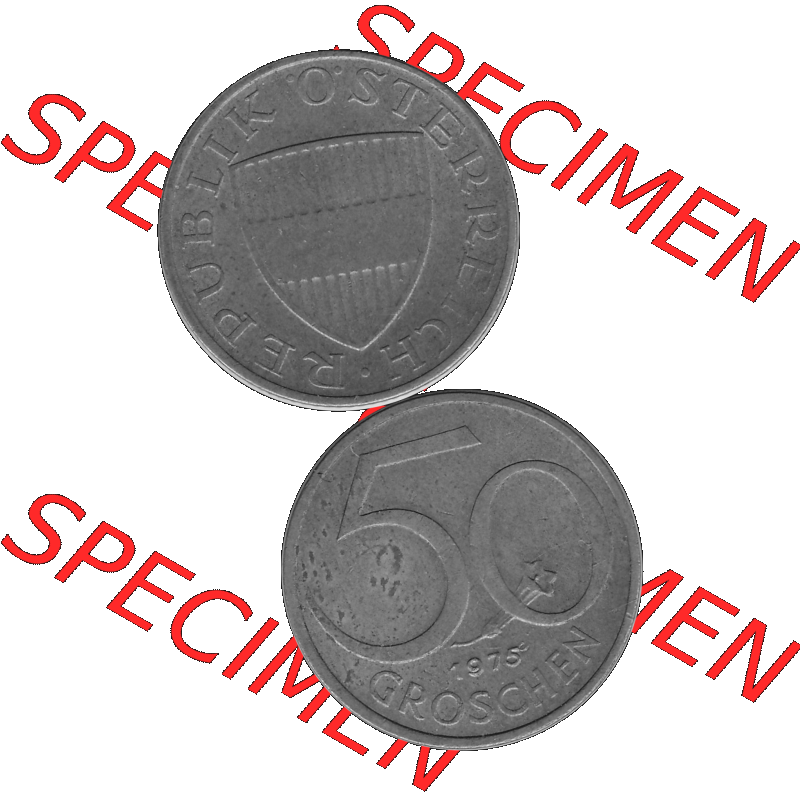 Alte Münze 50 / Fünfzig Groschen Österreich in s/w Schwarzweiß bzw. Graustufen Farbgebung von Scanner transparenten PNG 1959-2001, 50 Groschen 1975-01, Bindenschild... Sammlung