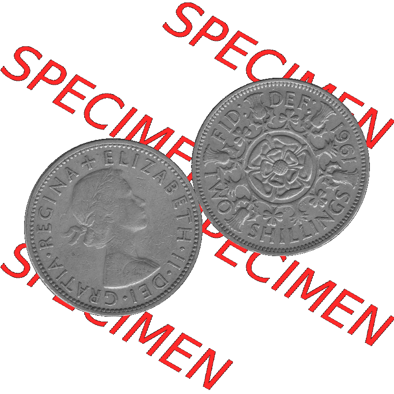 Alte Münze Großbritannien, Bild in s/w bzw. Graustufen PNG-Grafik, Umlaufmünze aus dem Zeitraum 1954-1970, 2 Schilling-Florin, Two Shillings, 1961-01... Sammlung