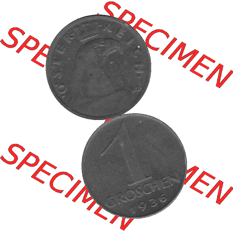 Alte Münze 1 / Ein Groschen Österreich in s/w Schwarzweiß bzw. Graustufen Farbgebung von Scanner transparenten PNG 1925-1938, 1-Ein Groschen, Adlerkopf mit Mauerkrone... Sammlung