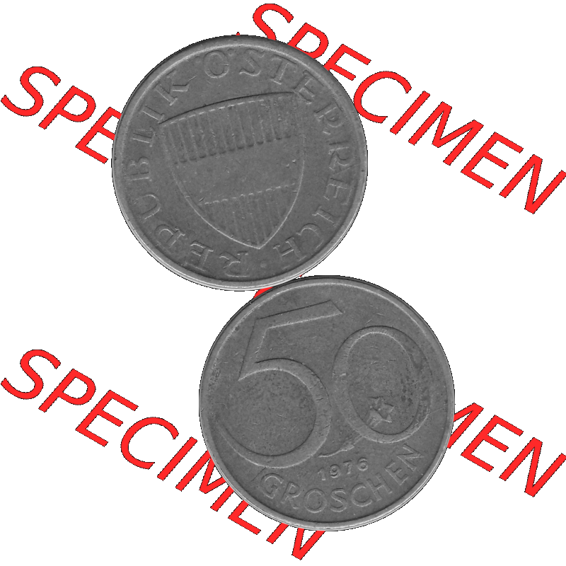 Alte Münze 50 / Fünfzig Groschen Österreich in s/w Schwarzweiß bzw. Graustufen Farbgebung von Scanner transparenten PNG 1959-2001, 50 Groschen 1976-01, Bindenschild... Sammlung