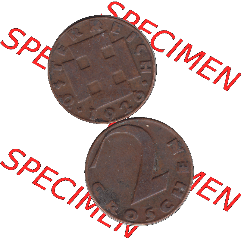 Alte Münze 2 / Zwei Groschen Österreich in original Farbgebung von Scanner transparenten PNG 1925-1938, 2 Zwei Groschen, Krückenkreuz 1926-04. Vorderseite und Rückseite... Sammlung