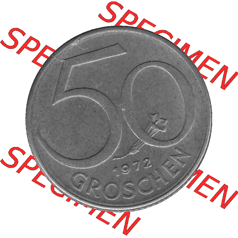 Alte Münze 50 / Fünfzig Groschen Österreich in s/w Schwarzweiß bzw. Graustufen Farbgebung von Scanner transparenten PNG 1959-2001, 50 Groschen 1972-01, Bindenschild... Sammlung