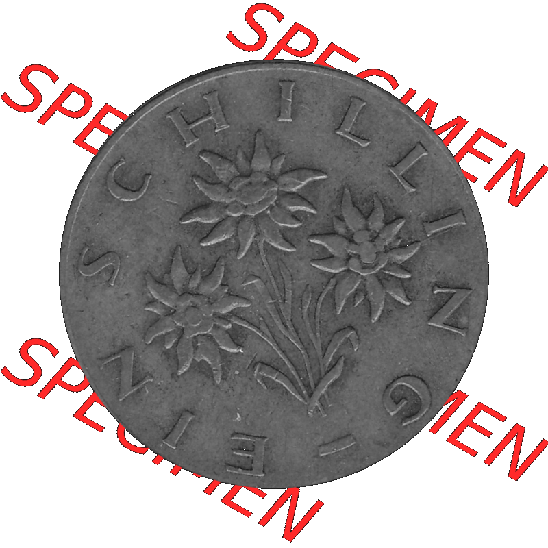 Alte Münzen Österreich 1 / Ein Schilling 1959-2001, 1 Schilling 1965-01, Edelweiß Graustufen. Rückseite mit Motiv der Gedenkmünze in Graustufen der 1 /... Sammlung