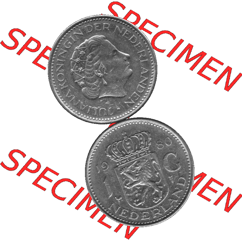 Alte Münze Niederlande in Grau 1967-1980, 1 Gulden Königin Juliana 1980-01. Graustufen. Vorderseite und Rückseite vertikal auf einen digitalen Bild in grau / Graustufen... Sammlung