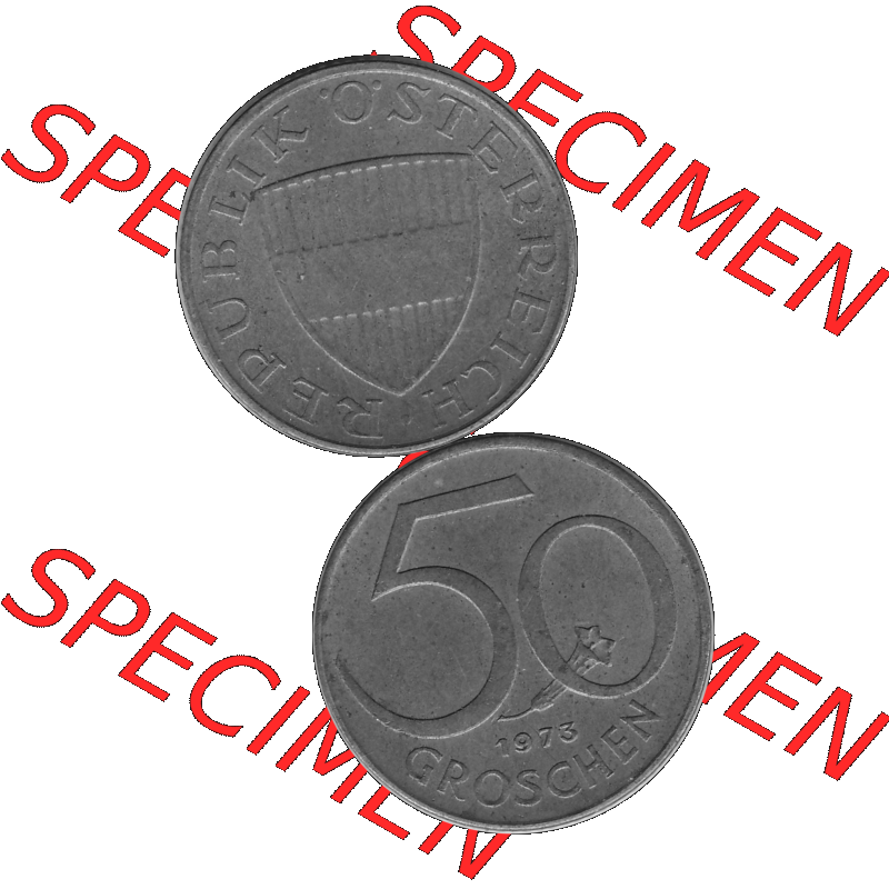 Alte Münze 50 / Fünfzig Groschen Österreich in s/w Schwarzweiß bzw. Graustufen Farbgebung von Scanner transparenten PNG 1959-2001, 50 Groschen 1973-01, Bindenschild... Sammlung