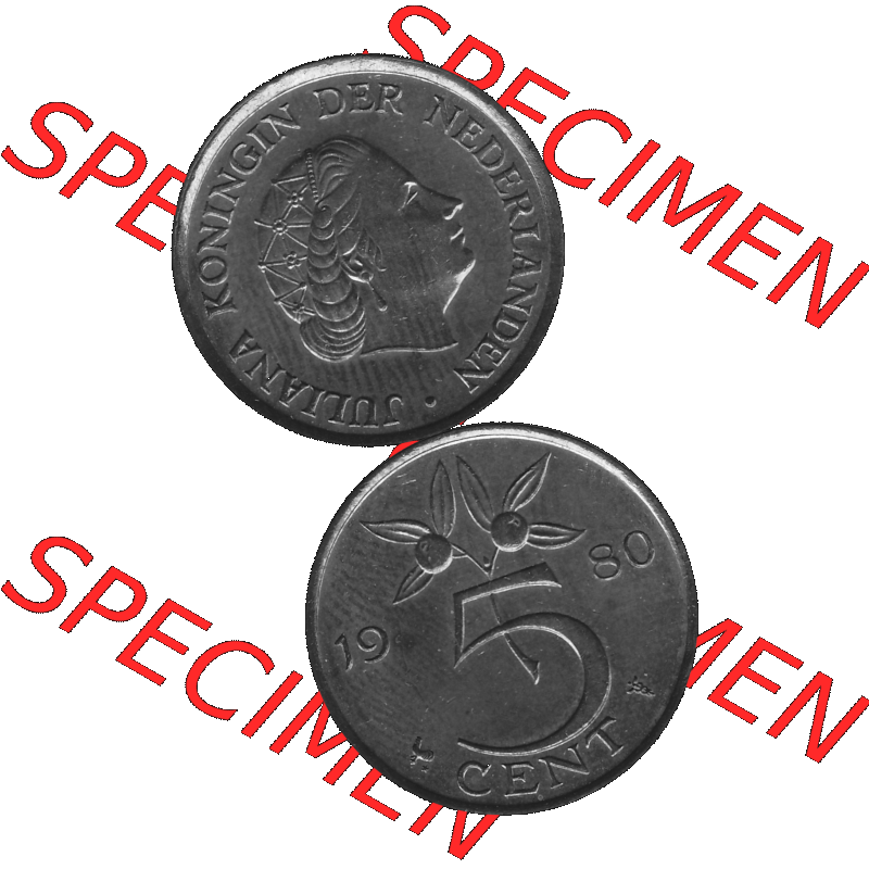 Alte Münze Niederlande in Grau 1950-1980, 5 Cent Königin Juliana 1980-02 Graustufen. Vorderseite und Rückseite vertikal auf einen digitalen in grau / Graustufen umgewandeltes... Sammlung