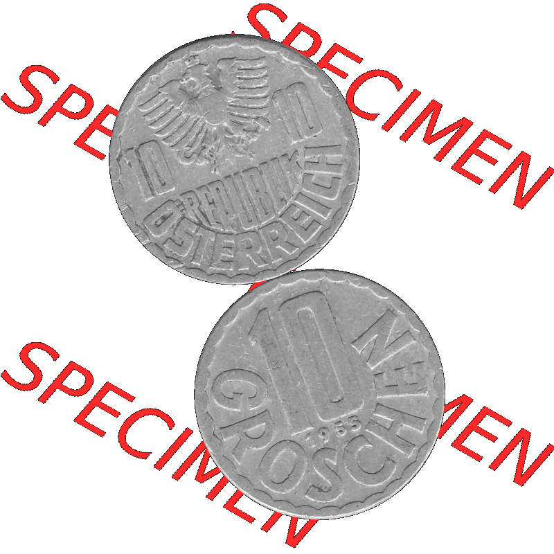 Alte Münze 10 / Zehn Groschen Österreich in s/w Schwarzweiß bzw. Graustufen Farbgebung von Scanner transparenten PNG 1951-2001, 10 Groschen 1955-01 Graustufen.... Sammlung