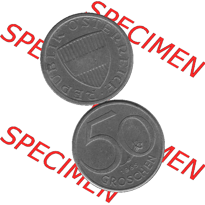 Alte Münze 50 / Fünfzig Groschen Österreich in s/w Schwarzweiß bzw. Graustufen Farbgebung von Scanner transparenten PNG 1959-2001, 50 Groschen 1965-01, Bindenschild... Sammlung