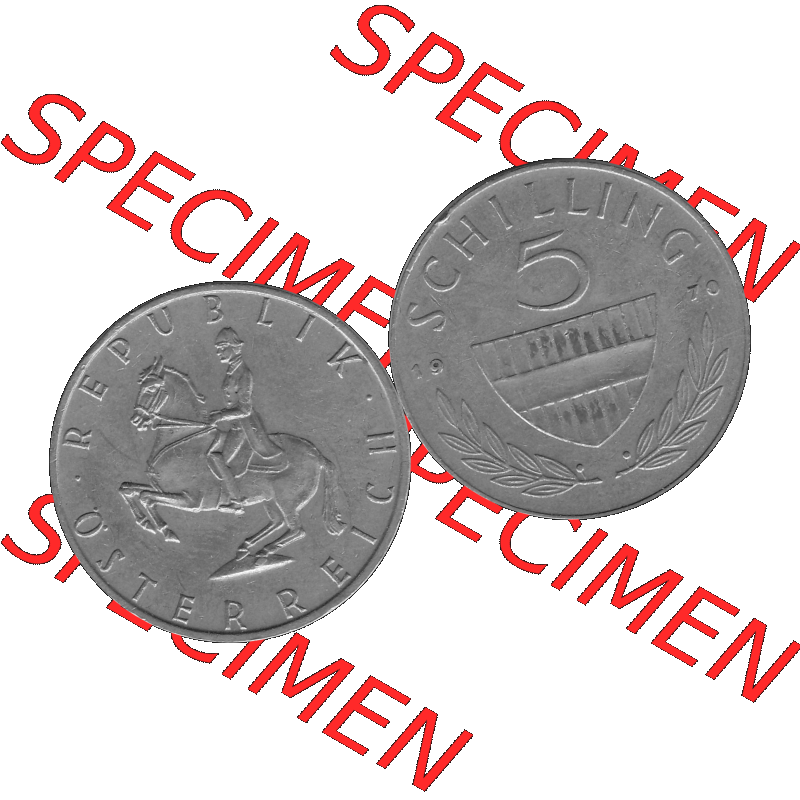 Alte Münze 5 / Fünf Schilling Österreich in s/w Schwarzweiß bzw. Graustufen Farbgebung von Scanner transparenten PNG 1968-2001, 5 Schilling 1970-02, Reiter... Sammlung