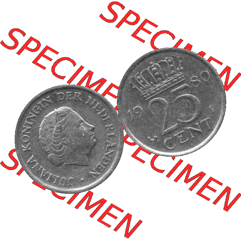 Alte Münze Niederlande in Grau 1950-1980, 25 Cent Königin Juliana 1980-01 Graustufen. Vorderseite und Rückseite horizontal auf einen digitalen grauen / Graustufen Bild der... Sammlung