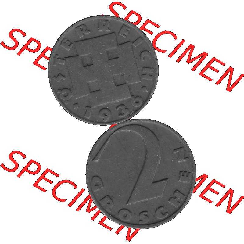 Alte Münze 2 / Zwei Groschen Österreich in s/w Schwarzweiß bzw. Graustufen Farbgebung von Scanner transparenten PNG 1925-1938, 2 Zwei Groschen, Krückenkreuz... Sammlung