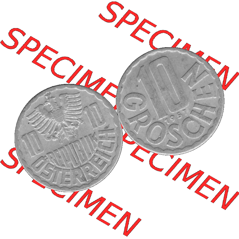 Alte Münze 10 / Zehn Groschen Österreich in s/w Schwarzweiß bzw. Graustufen Farbgebung von Scanner transparenten PNG 1951-2001, 10 Groschen 1957-01 Graustufen.... Sammlung