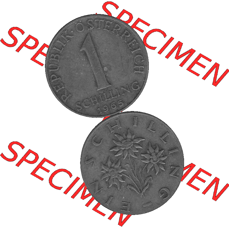 Alte Münzen Österreich 1 / Ein Schilling 1959-2001, 1 Schilling 1965-01, Edelweiß Graustufen. Vorderseite und Rückseite in Graustufen der 1 / Ein Schilling-Münze... Sammlung
