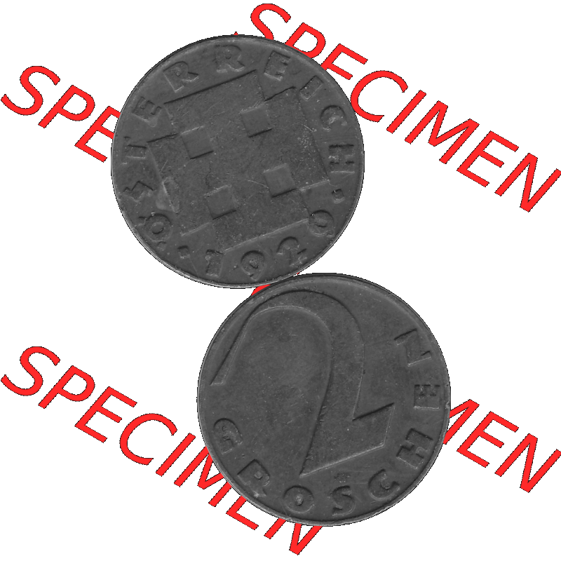 Alte Münze 2 / Zwei Groschen Österreich in s/w Schwarzweiß bzw. Graustufen Farbgebung von Scanner transparenten PNG 1925-1938, 2 Zwei Groschen, Krückenkreuz... Sammlung