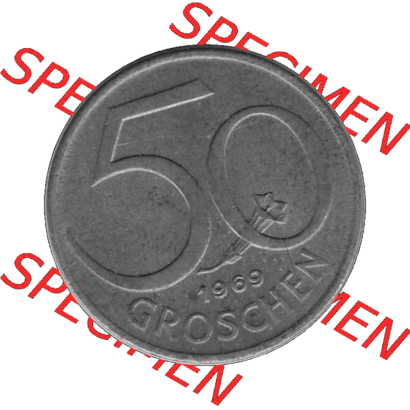 Alte Münze 50 / Fünfzig Groschen Österreich in s/w Schwarzweiß bzw. Graustufen Farbgebung von Scanner transparenten PNG 1959-2001, 50 Groschen 1969-01, Bindenschild... Sammlung
