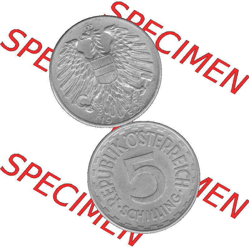 Alte Münze aus Österreich als PNG-Grafik 1952-1957, 5 Schilling 1952-01 Graustufen. Vorderseite und Rückseite in Graustufen der 5 Schilling Münze vertikal auf einen digitalen... Sammlung