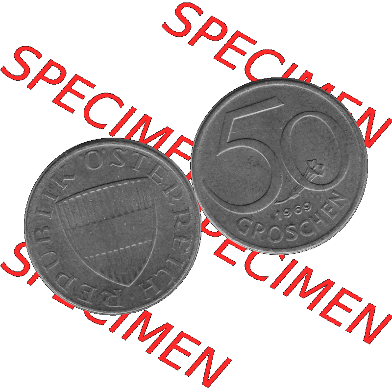 Alte Münze 50 / Fünfzig Groschen Österreich in s/w Schwarzweiß bzw. Graustufen Farbgebung von Scanner transparenten PNG 1959-2001, 50 Groschen 1969-01, Bindenschild... Sammlung