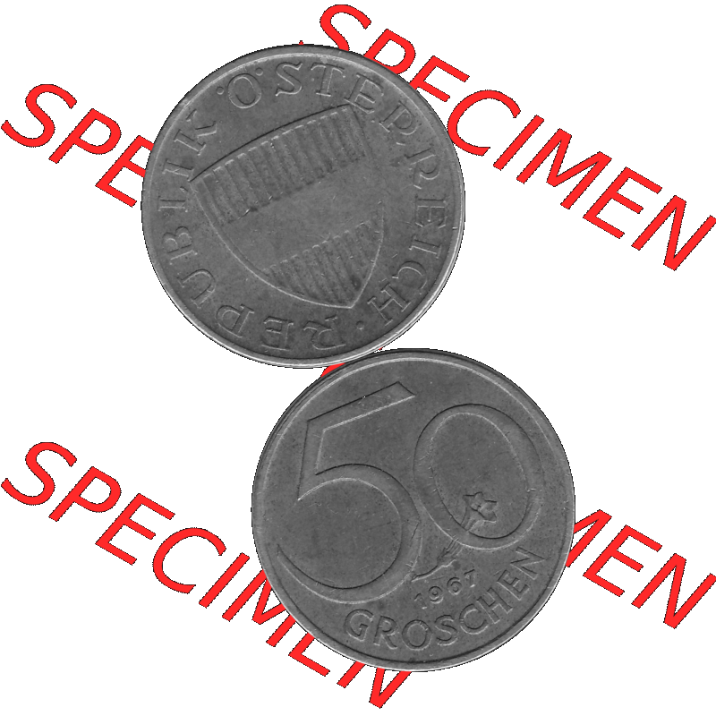 Alte Münze 50 / Fünfzig Groschen Österreich in s/w Schwarzweiß bzw. Graustufen Farbgebung von Scanner transparenten PNG 1959-2001, 50 Groschen 1967-01, Bindenschild... Sammlung