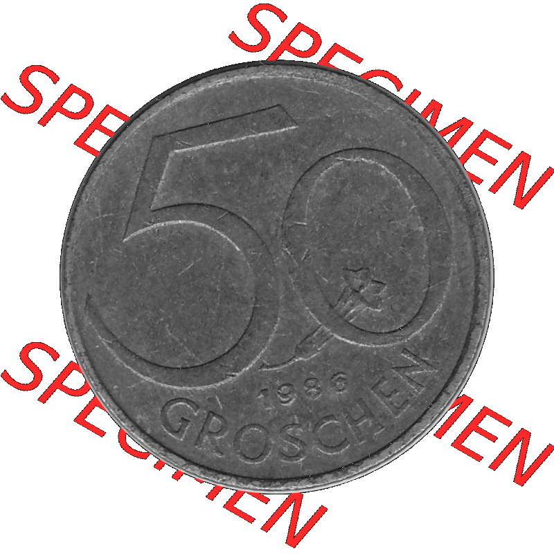 Alte Münze 50 / Fünfzig Groschen Österreich in s/w Schwarzweiß bzw. Graustufen Farbgebung von Scanner transparenten PNG 1959-2001, 50 Groschen 1986-01, Bindenschild... Sammlung