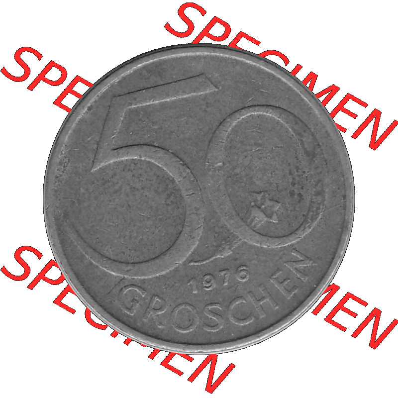 Alte Münze 50 / Fünfzig Groschen Österreich in s/w Schwarzweiß bzw. Graustufen Farbgebung von Scanner transparenten PNG 1959-2001, 50 Groschen 1976-01, Bindenschild... Sammlung