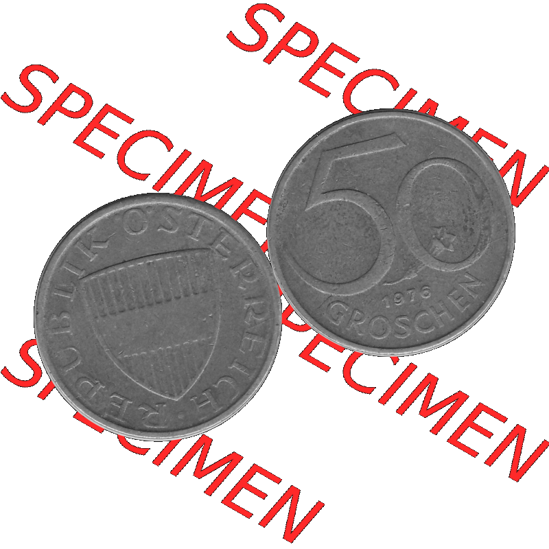 Alte Münze 50 / Fünfzig Groschen Österreich in s/w Schwarzweiß bzw. Graustufen Farbgebung von Scanner transparenten PNG 1959-2001, 50 Groschen 1976-01, Bindenschild... Sammlung