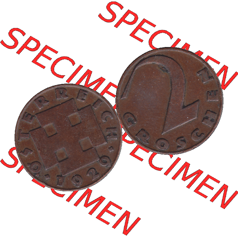 Alte Münze 2 / Zwei Groschen Österreich in original Farbgebung von Scanner transparenten PNG 1925-1938, 2 Zwei Groschen, Krückenkreuz 1929-01. Vorderseite und Rückseite... Sammlung