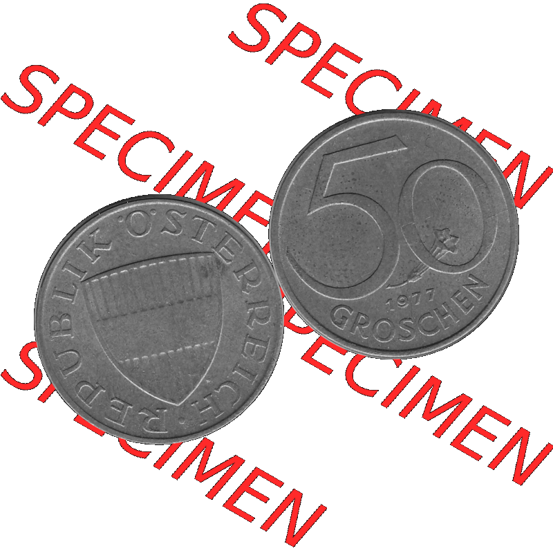 Alte Münze 50 / Fünfzig Groschen Österreich in s/w Schwarzweiß bzw. Graustufen Farbgebung von Scanner transparenten PNG 1959-2001, 50 Groschen 1977-01, Bindenschild... Sammlung