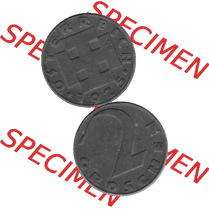 Alte Münze 2 / Zwei Groschen Österreich in s/w Schwarzweiß bzw. Graustufen Farbgebung von Scanner transparenten PNG 1925-1938, 2 Zwei Groschen, Krückenkreuz... Sammlung