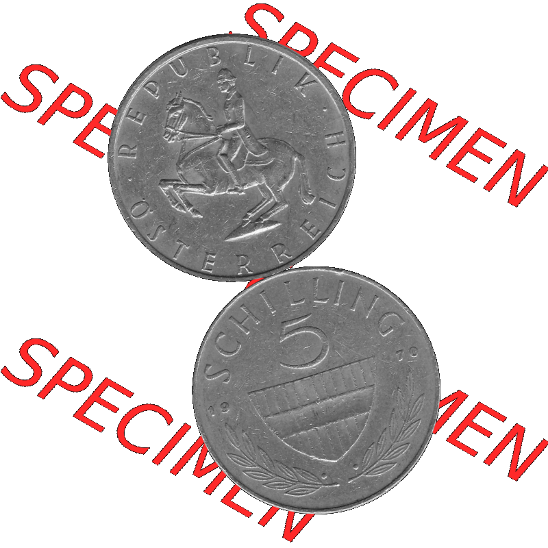 Alte Münze 5 / Fünf Schilling Österreich in s/w Schwarzweiß bzw. Graustufen Farbgebung von Scanner transparenten PNG 1968-2001, 5 Schilling 1970-01, Reiter... Sammlung