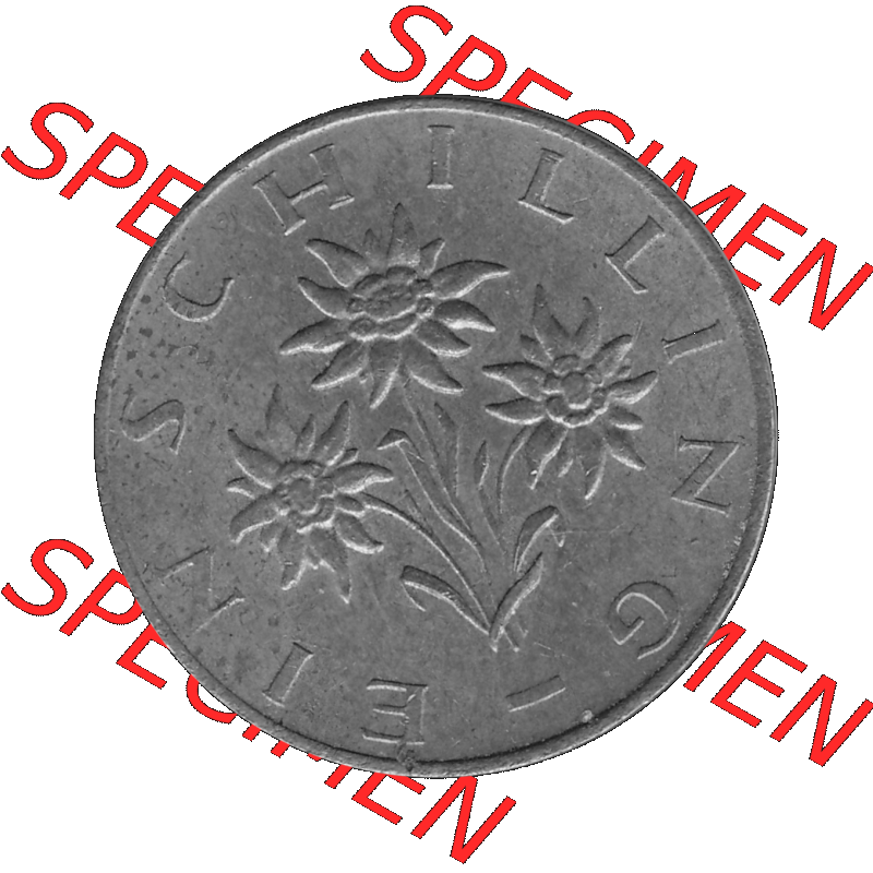 Alte Münzen Österreich 1 / Ein Schilling in Graustufen 1959-2001, 1 Schilling 1974-01, Ein Shilling Edelweiß Graustufen. Rückseite mit Motiv der Kursmünze... Sammlung